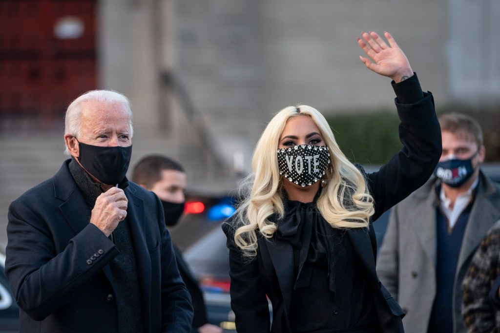 Joe Biden and Lady Gaga greet college students at Schenley Park on November 02, 2020 in Pittsburgh, Pennsylvania.