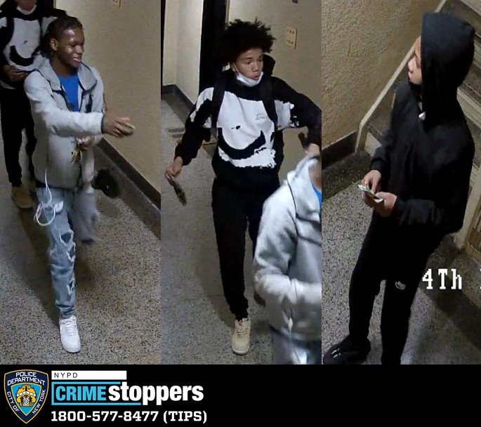 Surveillance camera screengrabs of the three suspects in a Bronx subway robbery.