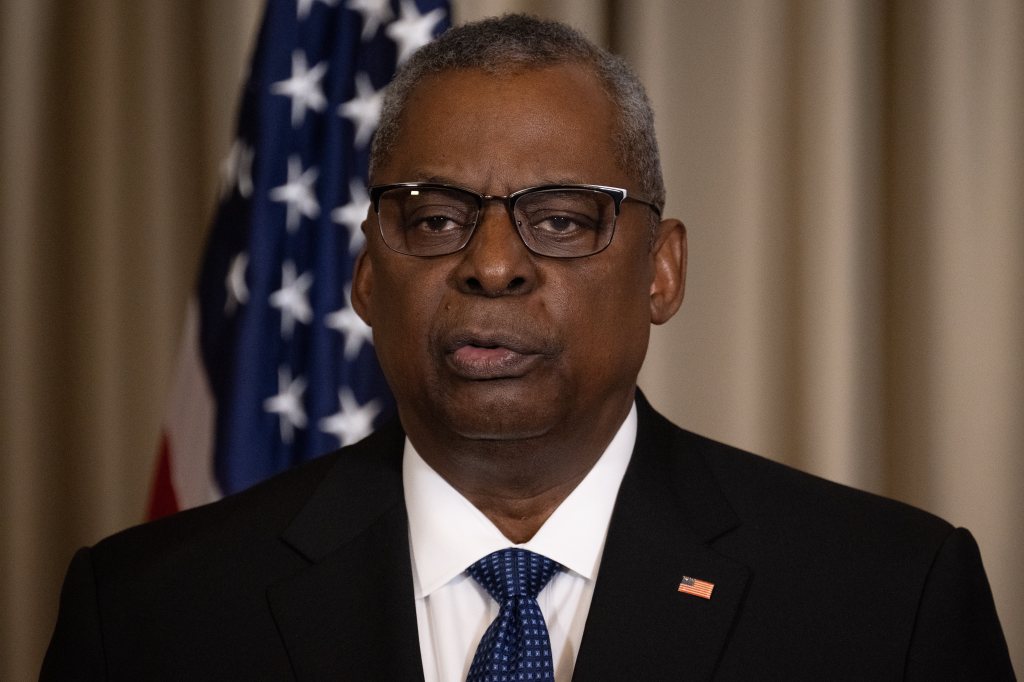 Lloyd Austin, U.S. Secretary of Defense, speaks to journalists.