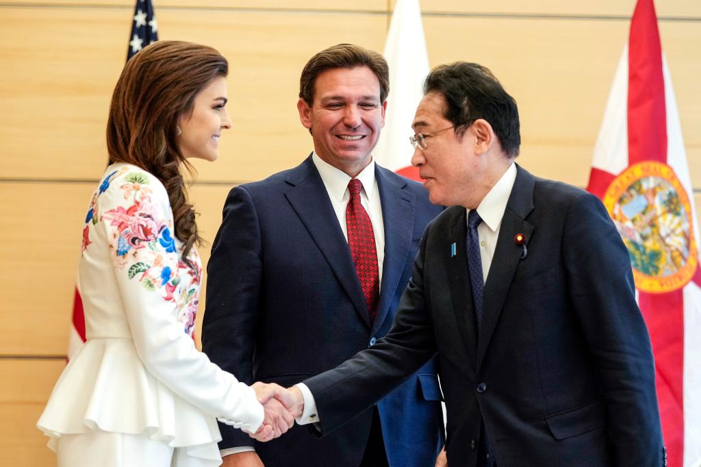 Florida Gov. Ron DeSantis, center, introduce his wife Casey to Japanese Prime Minister Fumio Kishida as he pays a courtesy call to Kishida at the prime minister's official residence in Tokyo Monday, April 24, 2023. 