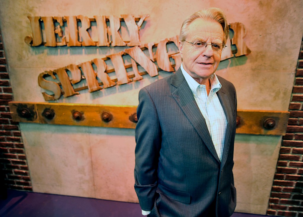 TV host Jerry Springer back stage after shooting his show with NY Post television reporter Matt Abrahams.