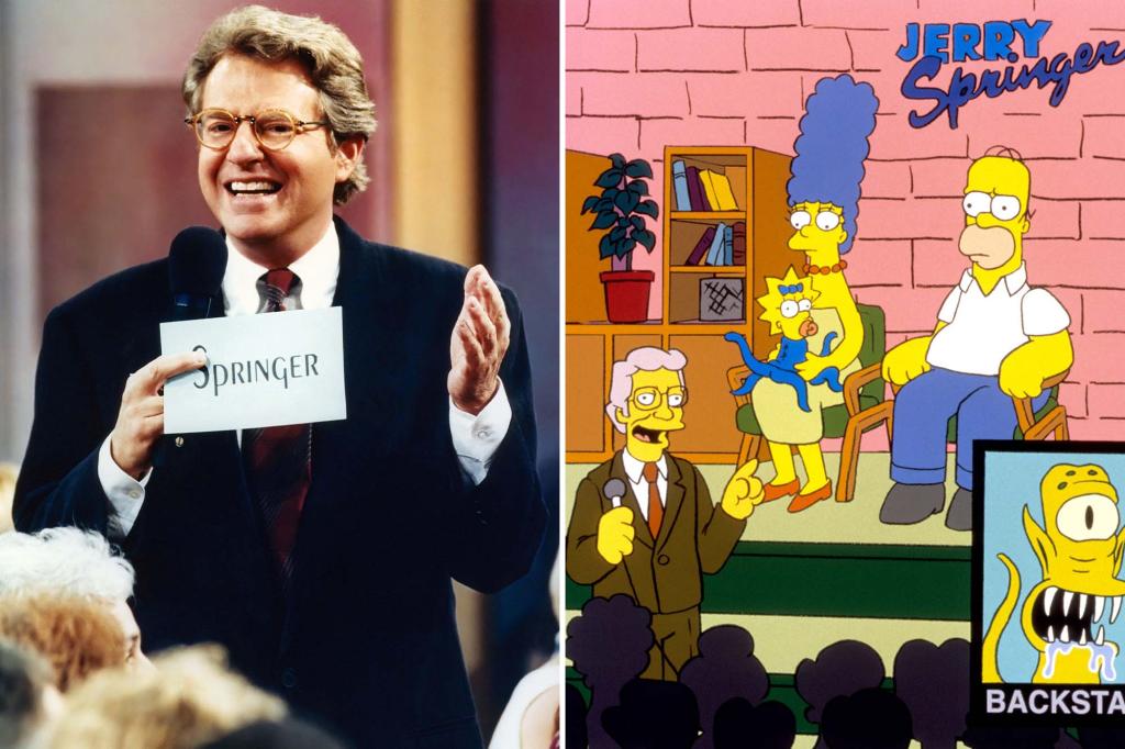 Jerry Springer, shown on his iconic self-titled show (left), popped up in animated form (right) in a memorable episode of the animated series "The Simpsons."