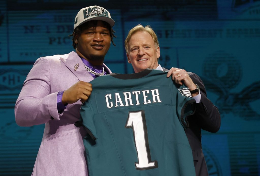 Jalen Carter poses with NFL Commissioner Roger Goodell after being selected ninth overall by the Philadelphia Eagles during the first round of the 2023 NFL Draft at Union Station on April 27, 2023 in Kansas City, Missouri.