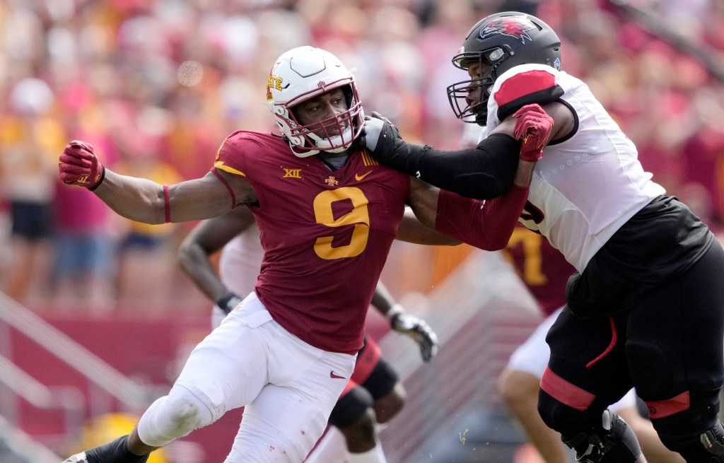 Iowa State defensive end Will McDonald IV (9) gets past Southeast Missouri State offensive lineman Terry Cook (76) during the first half of an NCAA college football game, Saturday, Sept. 3, 2022.