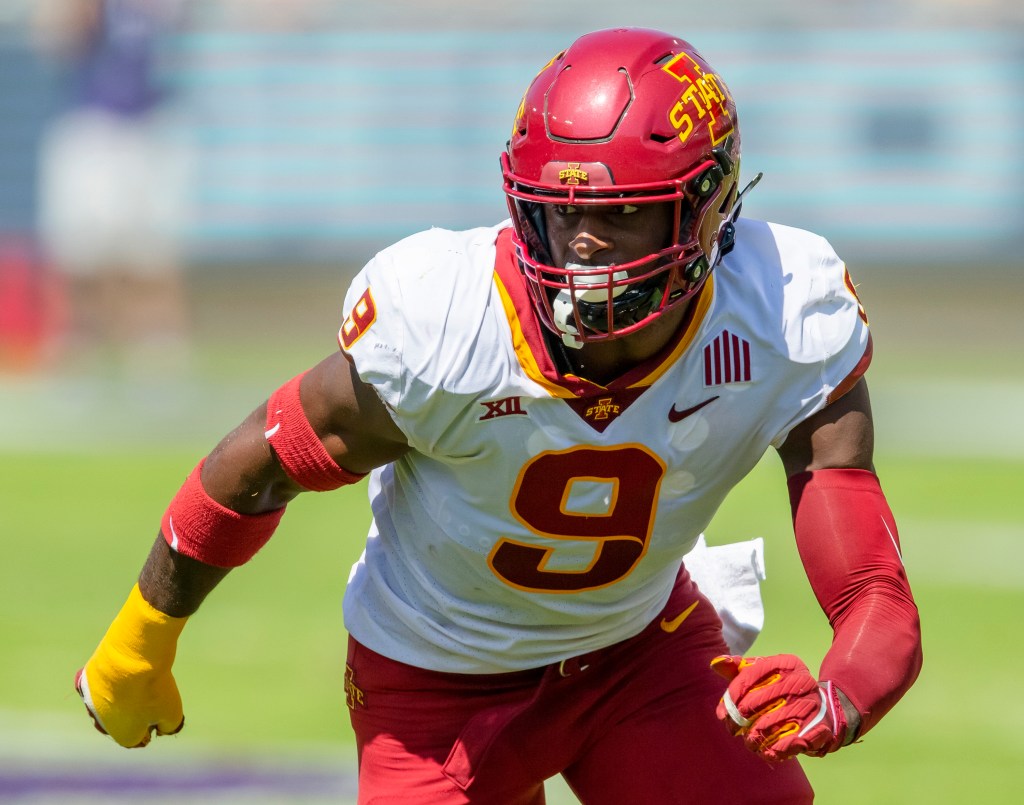 Will McDonald IV (9) defends during an NCAA college football game against TCU on Sept. 26, 2020.