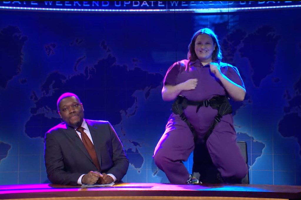 Molly Kearney -- the skit show's first non-binary cast member -- dropped into the guest seat via a harness to slam politicians trying to eliminate healthcare for transgender youth.