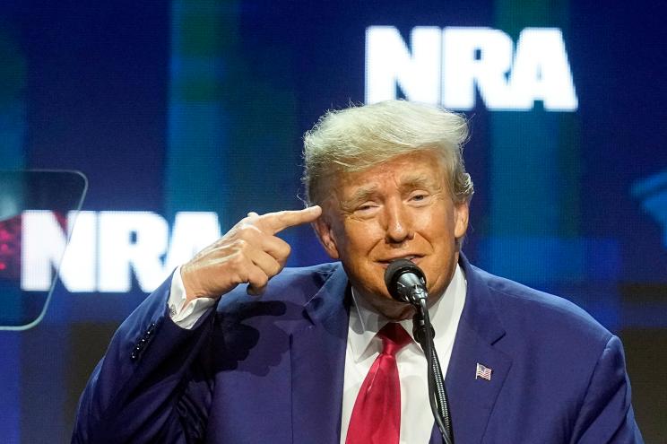 Former President Donald Trump speaks during the National Rifle Association Convention, Friday, April 14, 2023, in Indianapolis.