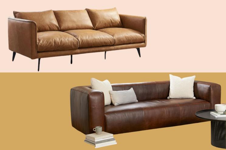 Two leather couches on a pink and brown backdrop.