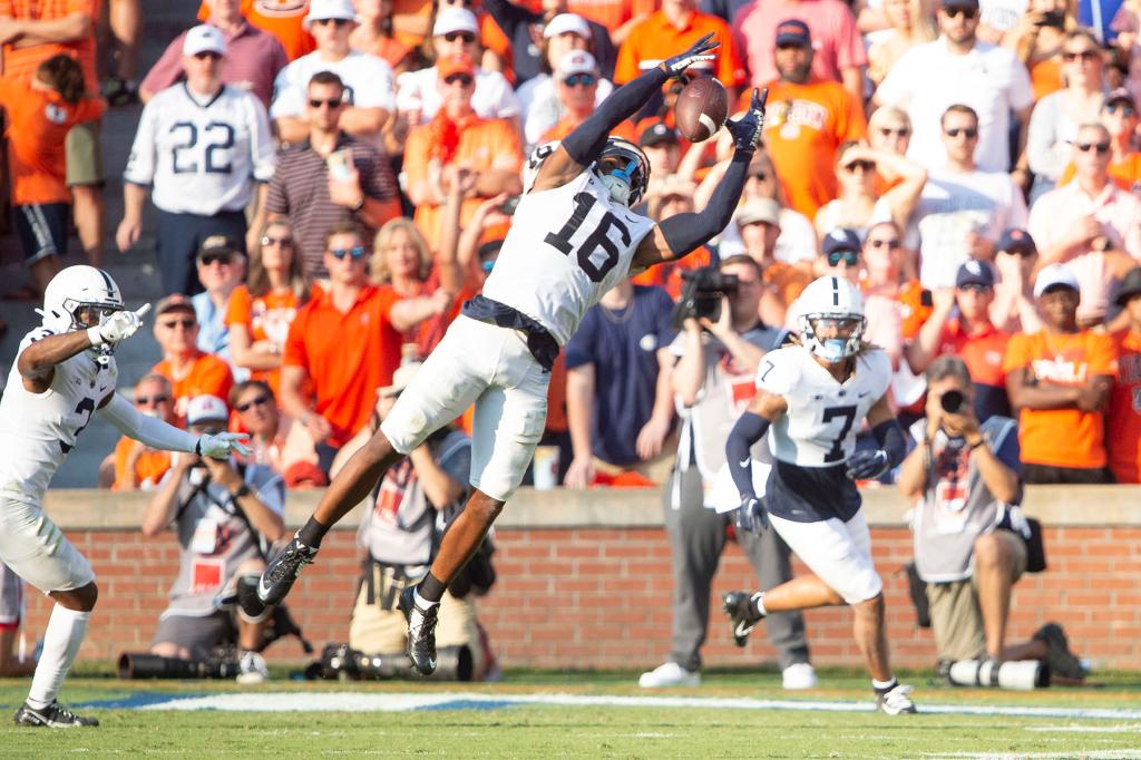 Safety Ji'Ayir Brown #16 of the Penn State Nittany Lions intercepts the ball during the second half of their game against the Auburn Tigers at Jordan-Hare Stadium on September 17, 2022 in Auburn, Alabama.