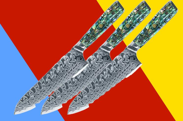 A chef's knife repeats on a blue, red, and yellow background.