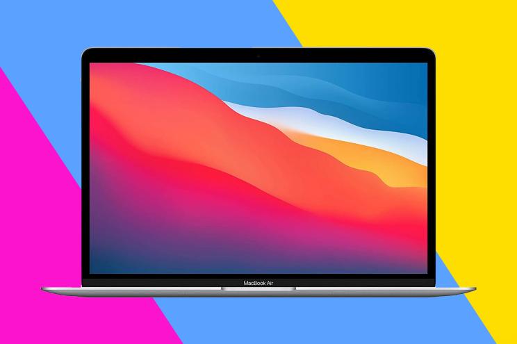 MacBook Air on a pink, blue, and yellow background.