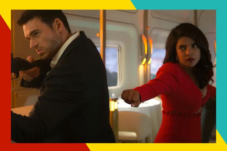 richard madden and priyanka chopra in citadel with red yellow and teal background