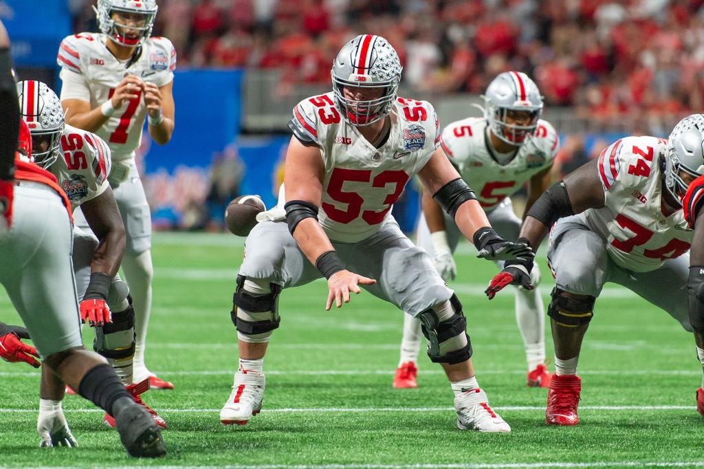 Ohio State Buckeyes offensive lineman Luke Wypler (53) during the Chick-fil-A Peach Bowl College Football Playoff Semifinal game between the Ohio State Buckeyes and the Georgia Bulldogs on December 31, 2022, at Mercedes-Benz Stadium in Atlanta, Georgia.