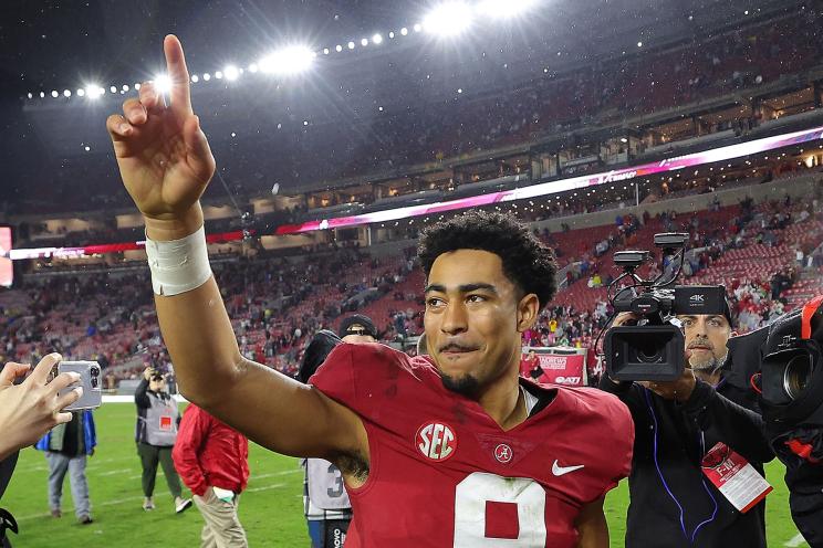 Bryce Young #9 of the Alabama Crimson Tide reacts after their 49-27 win over the Auburn Tigers at Bryant-Denny Stadium on November 26, 2022 in Tuscaloosa, Alabama.