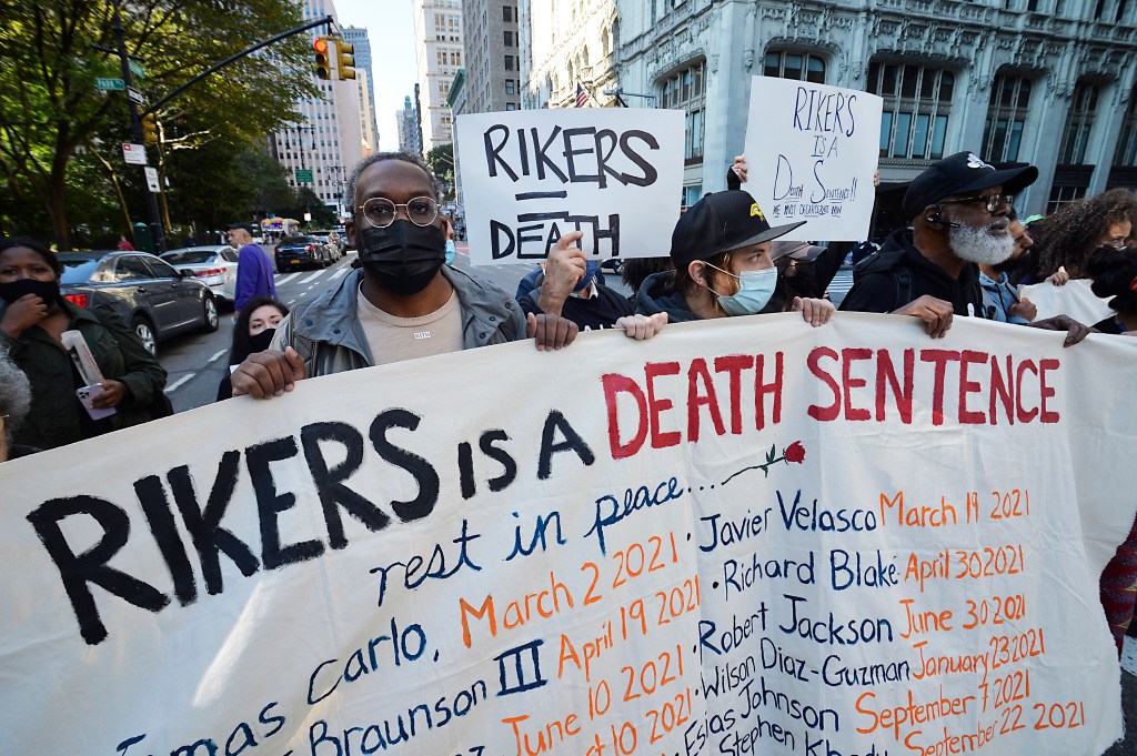 Protesters block traffic along Broadway expressing their anger over the conditions at Rikers Island jail, no arrests occurred.