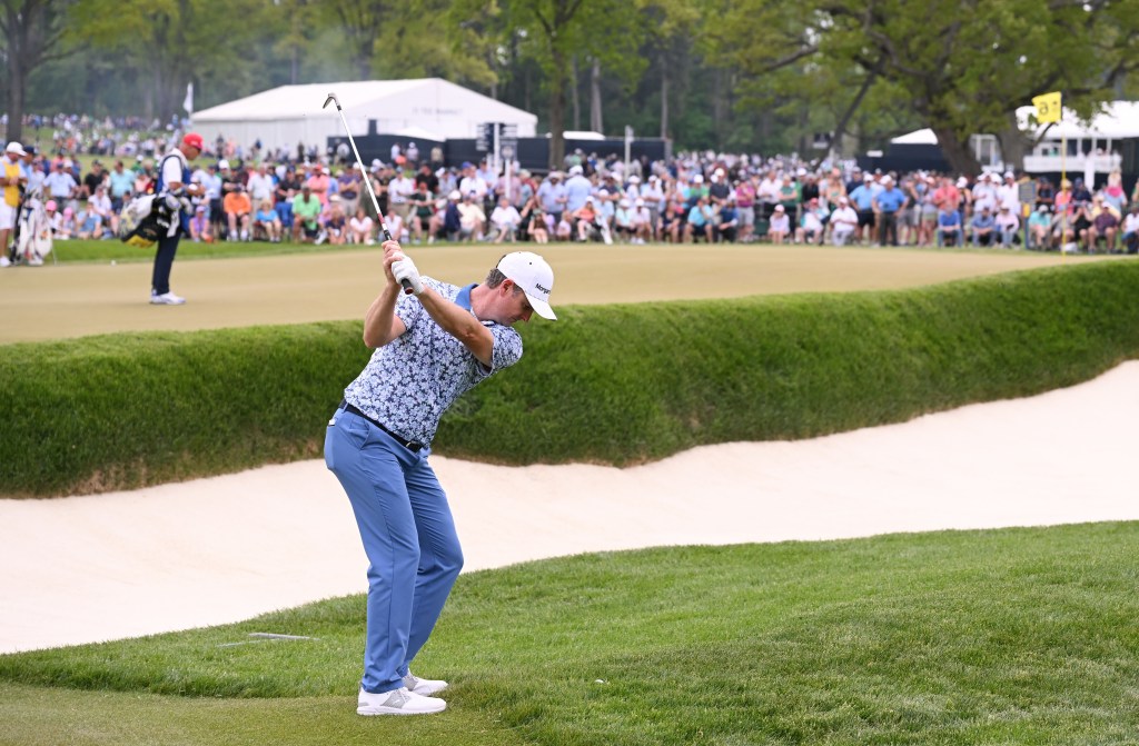 Justin Rose, who is at 1-under-par, plays the third shot on the sixth hole during the second round of the PGA Championship.