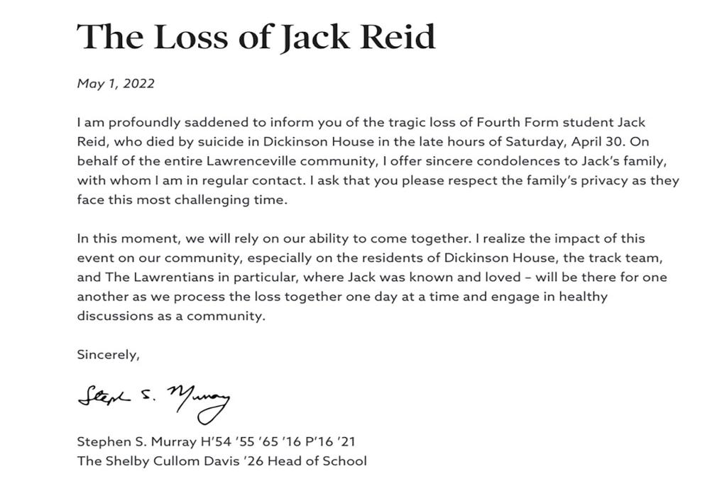 The 2022 letter sent out by the school addressing the death of Reid.