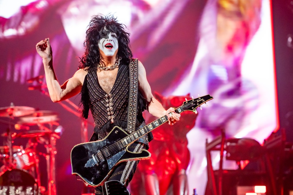 Kiss member, Paul Stanley performing in his full face of make up. 