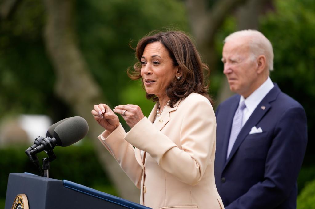 President Joe Biden listens as Vice President Kamala Harris speaks in the Rose Garden of the White House.