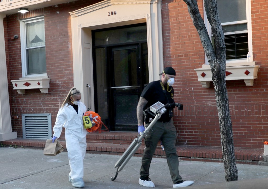 The scene outside the apartment building where the bodies were found: 206 Quentin Road in Gravesend.