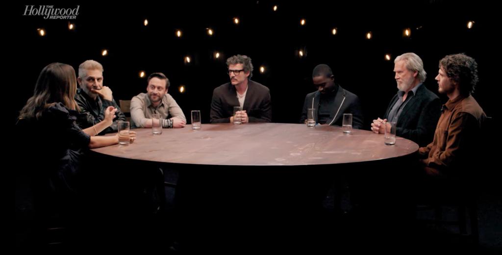 Pedro Pascal at the Hollywood Reporter's drama actors roundtable, with Evan Peters, Michael Imperioli, Jeff Bridges, Kieran Culkin, and Damson Idris, sitting at a round table together. 