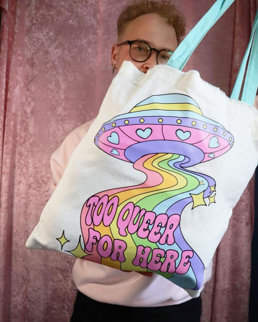 "Too queer for here" tote bag that was pulled by Target.