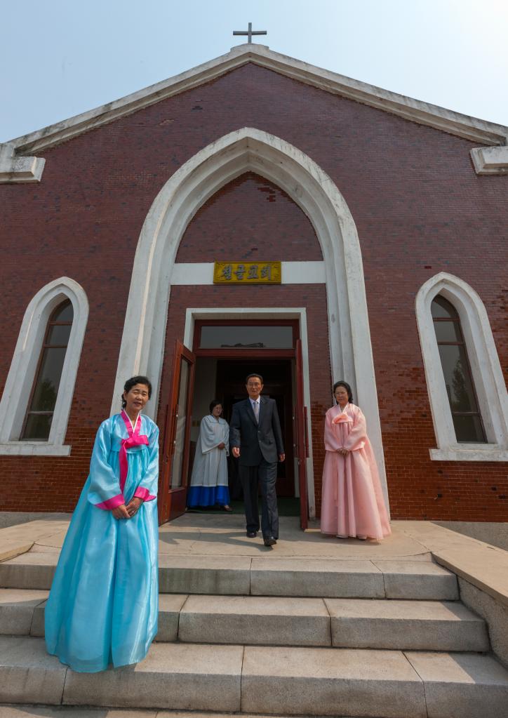 North Korean people in front of Chilgol protestant church, Pyongan Province, Pyongyang, North Korea on April 20, 2008.