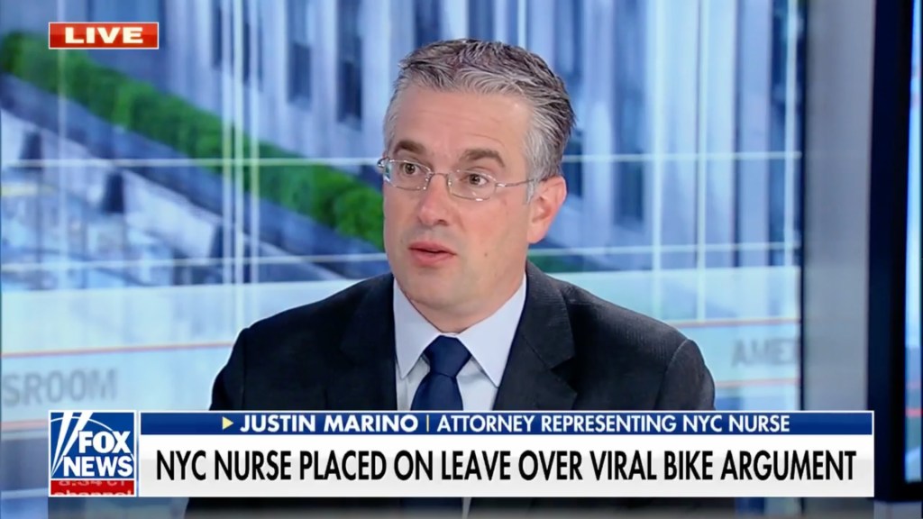 Attorney Justin Marino defends pregnant hospital employee  Sarah Comrie who was placed on leave over a viral bike dispute.