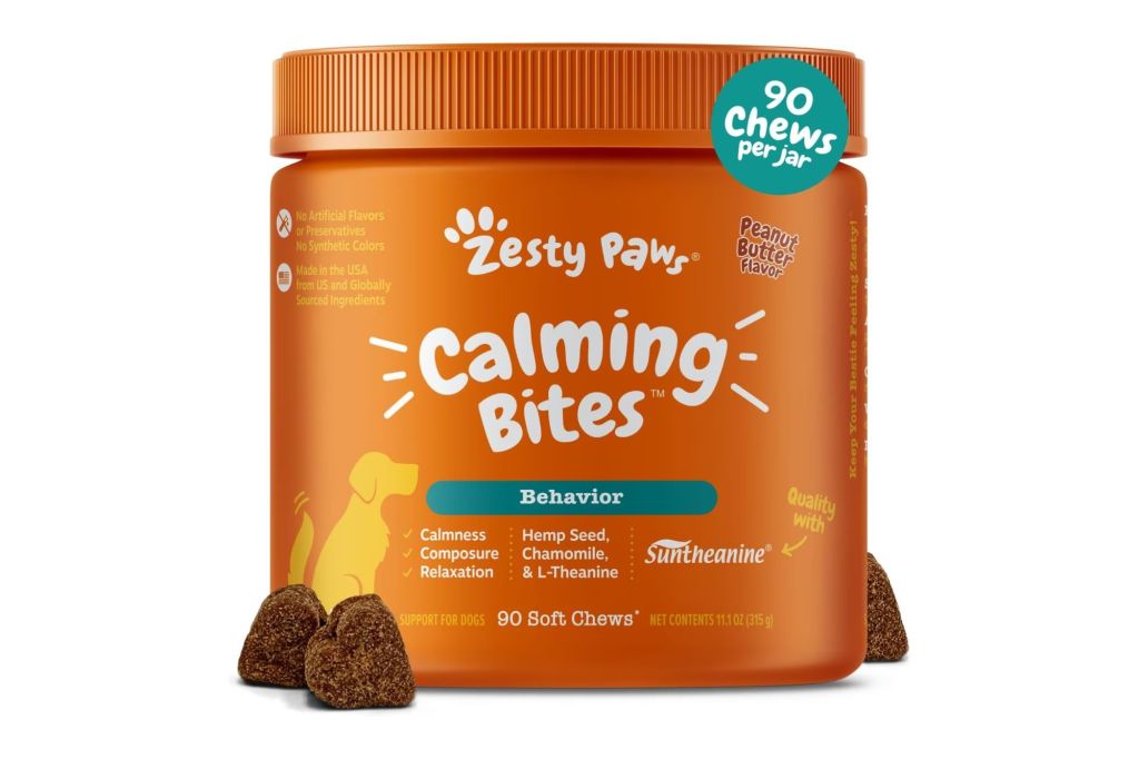 A jar of CBD chews for dogs called Calming Bites.