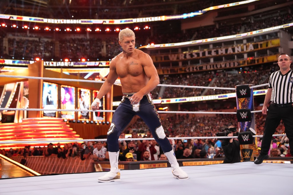 Cody Rhodes during his match against Roman Reigns at WrestleMania 39.