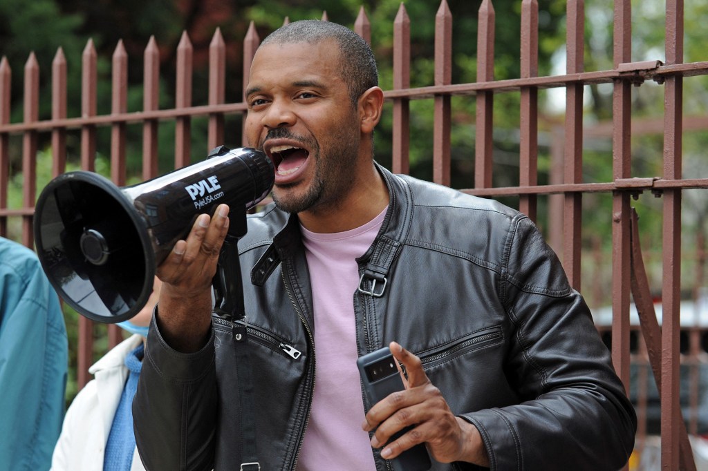 New York State Senator Jabari Brisport speaks to people gather to protest rent increases and aggressive evictions and in support of tenant rights, on April 23, 2022, in the Brooklyn borough of New York City.