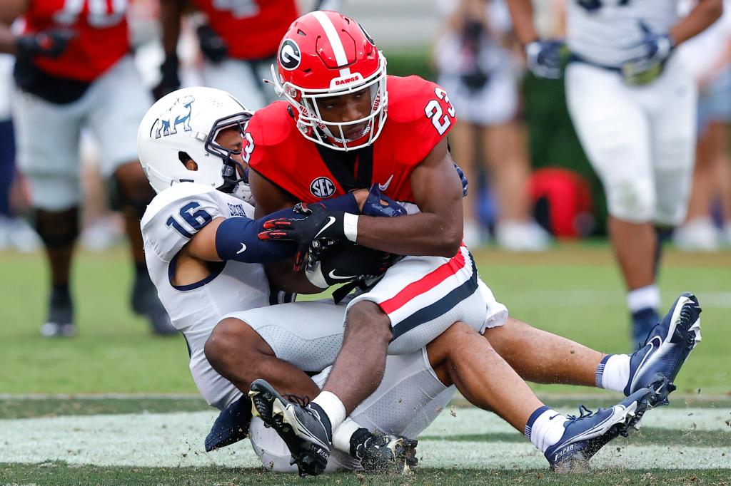 De'Nylon Morrissette #23 of the Georgia Bulldogs is wrapped up by Hakeem Johnson #16 of the Samford Bulldogs