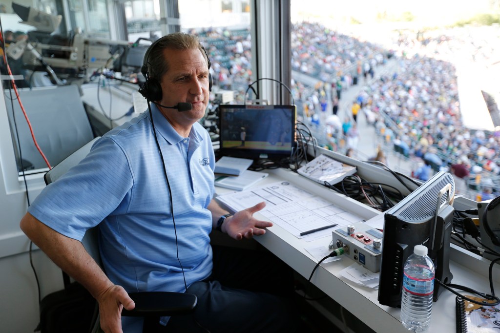 Oakland A's broadcaster Glen Kuiper, seen here in 2015, apologized after using the racial slur earlier in the broadcast.