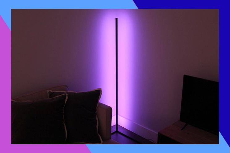 Purple LED lamp surrounded by a colorful border.