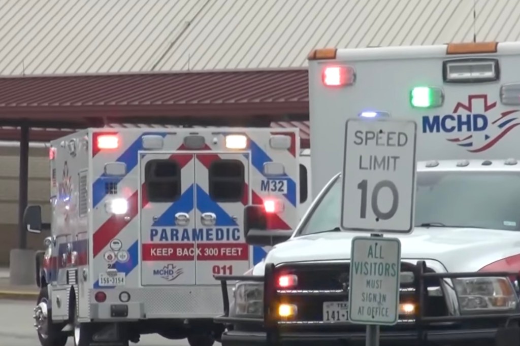 An ambulance outside the Caney Creek High School on Thursday following the prank.