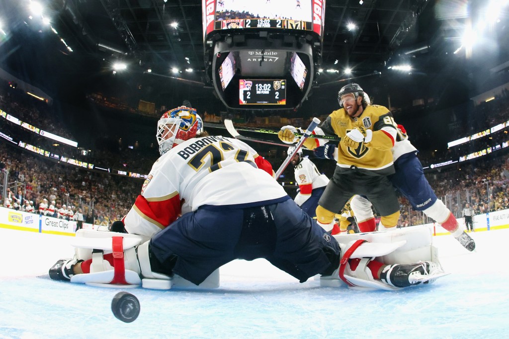 Jonathan Marchessault (81) of the Golden Knights watches the game-winning goal by Zach Whitecloud.