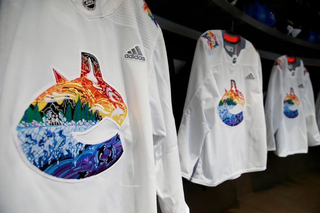 Vancouver Canucks Pride jerseys hang in the dressing room before their NHL game against the Washington Capitals at Rogers Arena March 11, 2022