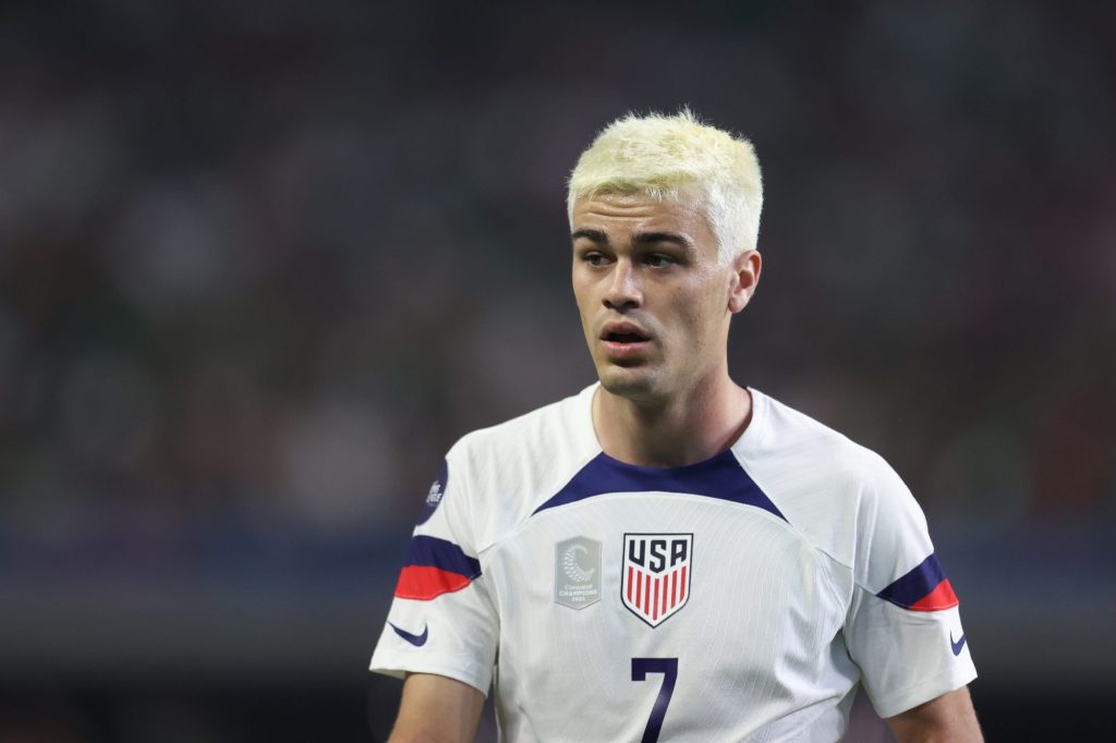 Gio Reyna (7) of the United States looks on during the match between Mexico and the United States as part of the 2023 CONCACAF Nations League semifinals at Allegiant Stadium on June 15, 2023 in Las Vegas, Nevada.