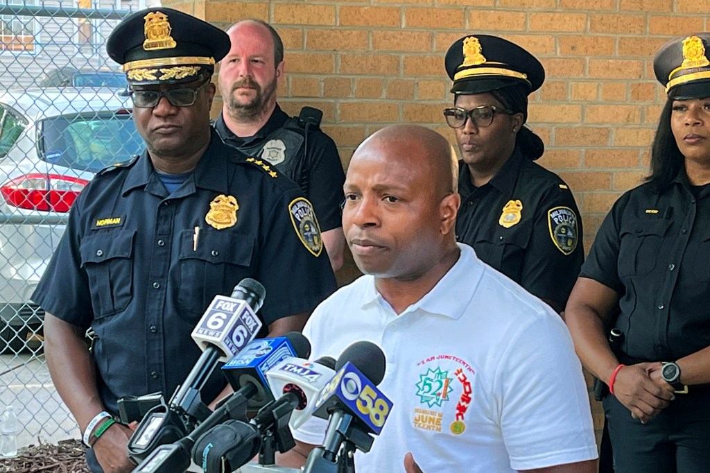 Milwaukee Mayor Cavalier Johnson speaks during a news conference outside the Milwaukee Police Department District 5 station