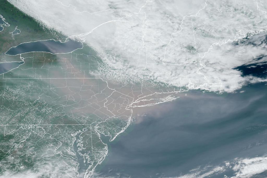 A satellite view shows Canadian wildfire smoke in New York and Pennsylvania at 2:30pm. ET June 7, 2023.