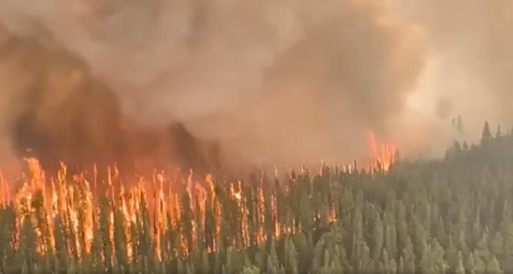 An aerial view shows West Kiskatinaw River wildfire in British Columbia.