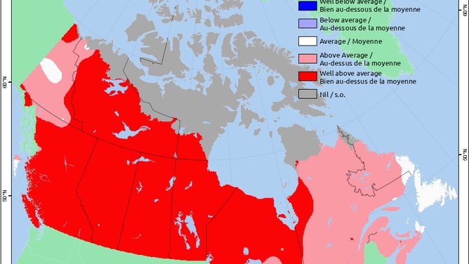 The dark red swath shows a well above average wildfire forecast for June.