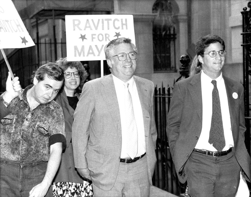 Ravitch walking to a poll during his New York City mayoral campaign in 1989.