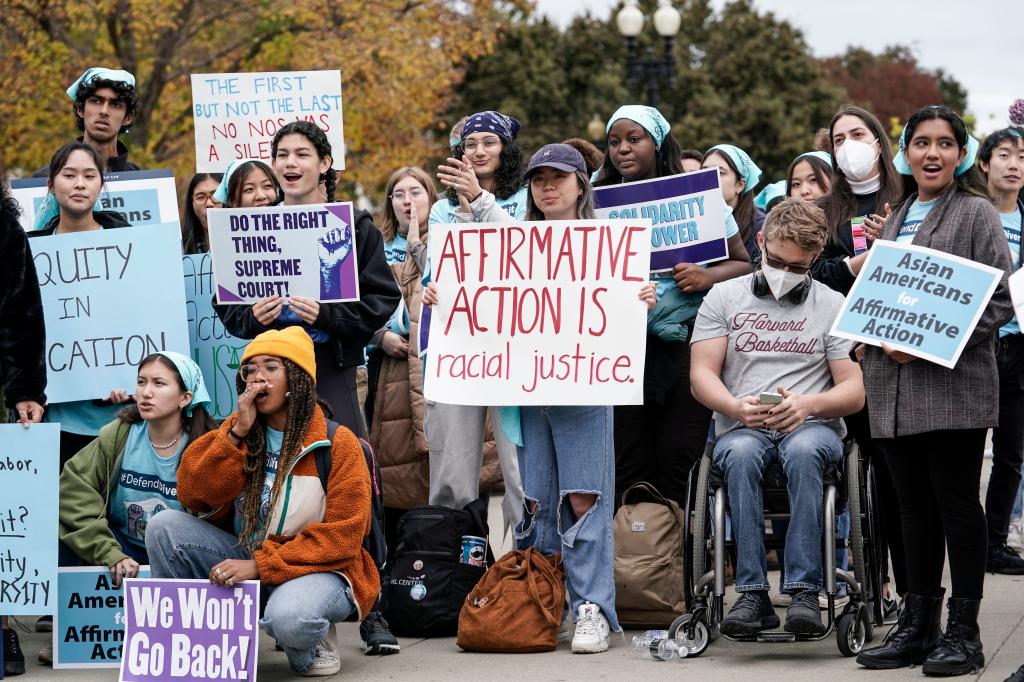 Activists demonstrate as the Supreme Court hears oral arguments on a pair of cases that could decide the future of affirmative action in college admissions.