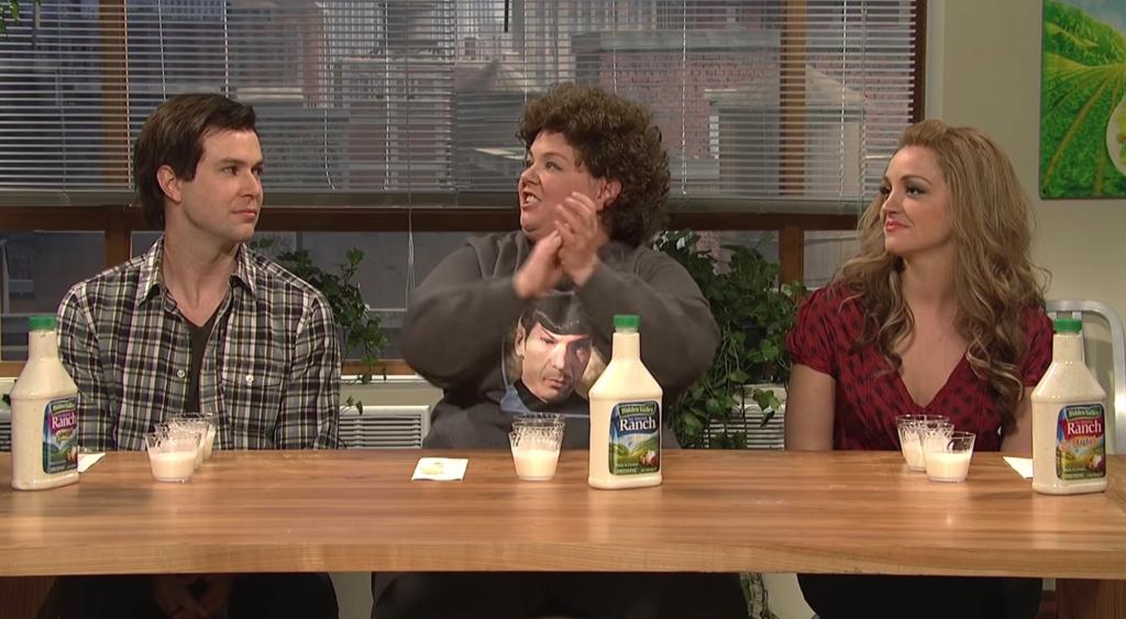 In the segment entitled "Taste Test," McCarthy (center) appears as ranch super fan Linda who attempts to prove her love for the brand by trying out the new products alongside two other consumers. 