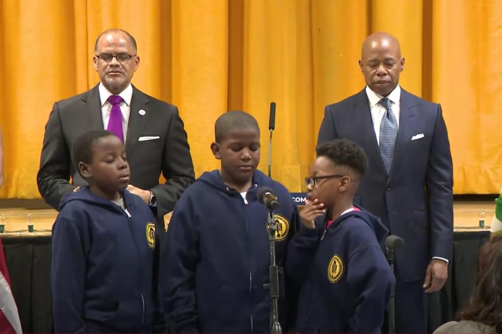 Students at PS 005 Dr. Ronald McNair demonstrated the "mindful breathing" at an event on June 27, 2023.