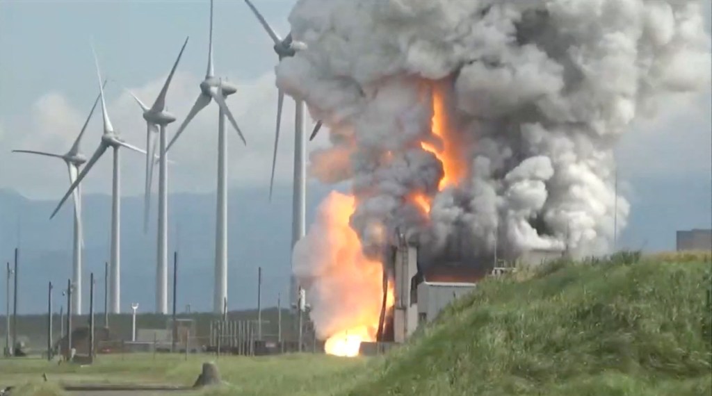 Smoke rises following the explosion of a rocket engine during a test in Noshiro City, Akita Prefecture, Japan, on July 14, 2023. 