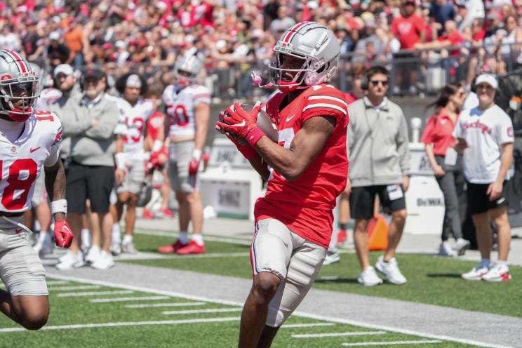 Carnell Tate #17 of the Ohio State Buckeyes catches a pass during the LiFEsports Spring Game