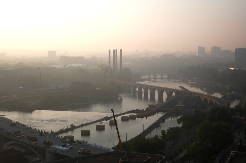 Haze from the wildfires was seen down the Mississippi River, from Minneapolis towards St. Paul on June 29, 2023.