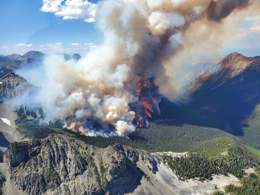 An aerial view of wildfire of Tatkin Lake in British Columbia, Canada on July 10, 2023.